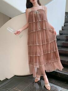 DAZY Women's Multi-Layered Contrast Color Ruffle Hem Bow Patchwork A-Line Maxi Casual Dress, Suitable For Holiday, Beach, Music Festival, Graduation Ceremony