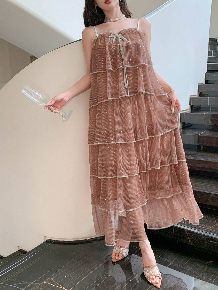 DAZY Women's Multi-Layered Contrast Color Ruffle Hem Bow Patchwork A-Line Maxi Casual Dress, Suitable For Holiday, Beach, Music Festival, Graduation Ceremony