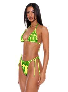 Musera Resort Halterneck Graphic Print Tie Back Triangle Bikini Top Only Summer Spring Holiday Vacation Sexy Club Ibiza Beachwear Festival Rave Carvinal - Green - View 2