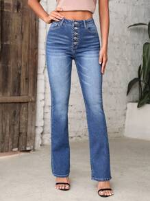 SHEIN Essnce Women's Button Fly Pocket Distressed Skinny Casual Versatile Denim Jeans - Medium Wash - View 3