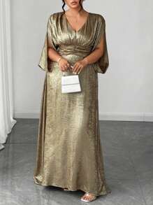 Elenzga Plus Size Women's Hot Selling V-Neck Split Waist A-Line Metallic Print Elegant Slimming Evening Dress For High-Level Banquet, Party, Business, Off Shoulder, Romantic, Super Long, Formal Gown - Gold - View 7