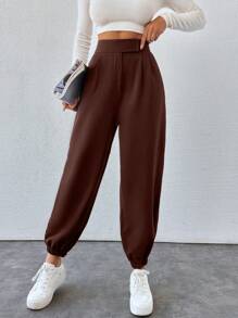 SHEIN PETITE Cone Shaped Women Suit Pants With Detailed Waist - Brown - View 3