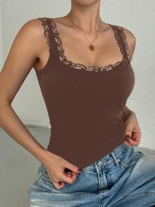DAZY Women's Lace Patchwork Wide Strap Simple Casual Top, Everyday Wear - Brown - View 5