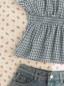 CovetEZ 女式蓝白格子梭织衬衫，夏季 - 藍色 - 查看 5