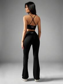 Missguided x Playboy Seamless High Rise Flared Leggings Yoga Pants Athletic Exercise Fitness Studio Workout Performance Activewear Breathable - Black - View 3