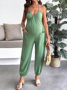 SHEIN 孕妇无袖连体裤，纯色，夏季时尚 - 綠色 - 查看 5