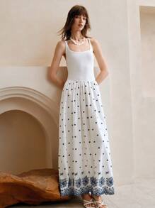 SHEIN LUNE Women's White Polka Dot Embroidered Cami Dress,Summer Elegant Vacation Long A-Line Dress,Waist-Cinching Shirred Ruffle Hem Casual Beach Resort Wear - White - View 2