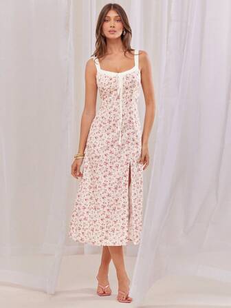 L'Amorae 女式碎花沙滩裙，开衩细肩带