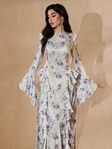 Graceveil 女士花卉印花荷叶边下摆长袖连衣裙