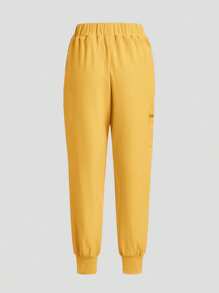 TaskEZ Conjunto de uniforme de scrubs con top de manga corta y pantalones de unicolor simple - Amarillo Mostaza - Ver 5