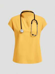 TaskEZ Conjunto de uniforme de scrubs con top de manga corta y pantalones de unicolor simple - Amarillo Mostaza - Ver 9