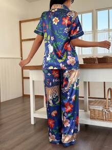 Flower Tiger Print Cardigan Women's Pajama Set - Multicolor - View 2