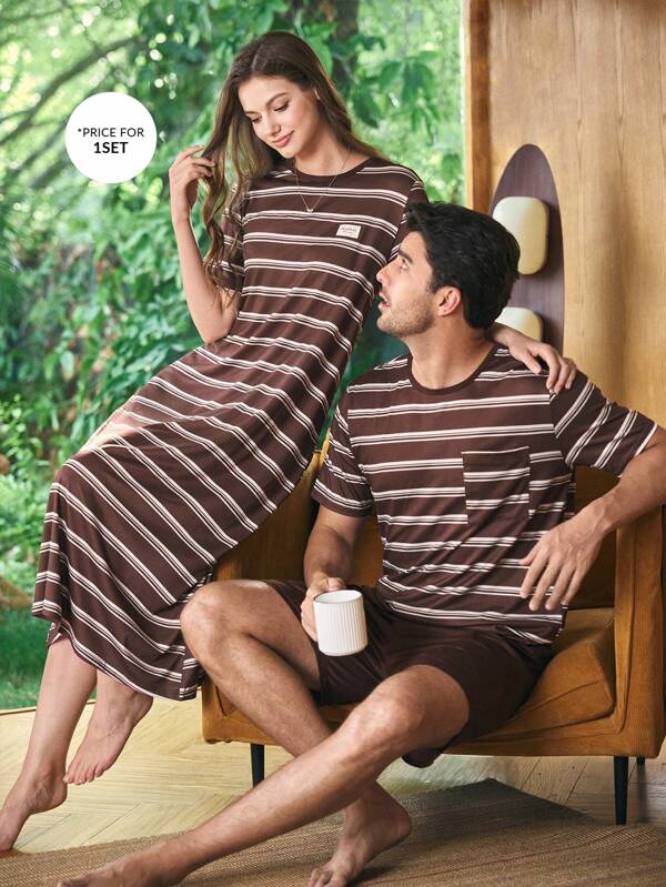 CoupledUp Casual Stripe Print Crew Neck Short Sleeve Shorts Pajama Set Men