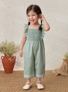 Blossori Baby Girls Pastoral Resort Embroidered Ruffle Hem Bib Overall Pants - Green - View 1