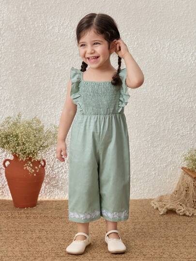 Blossori Baby Girls Pastoral Resort Embroidered Ruffle Hem Bib Overall Pants