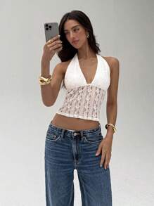 Aloruh Elegant Halter Tie-Up Lace Women Camisole - White - View 5