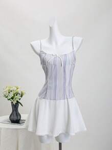 SHEIN Unity Vestido de tirantes con volantes en el bajo, estampado patchwork a rayas de colores dulces - Multicolor - Ver 1