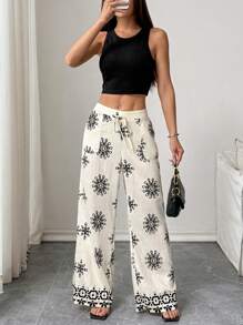 Chiquease Women's Flower Print Belted Loose Wide Leg Casual Pants Fall Cloth For Women