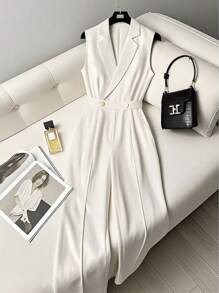 Franclia Bộ đồ liền thân ống rộng không tay ve loang màu trơn đơn sắc thường ngày dành cho nữ - trắng - Xem 1