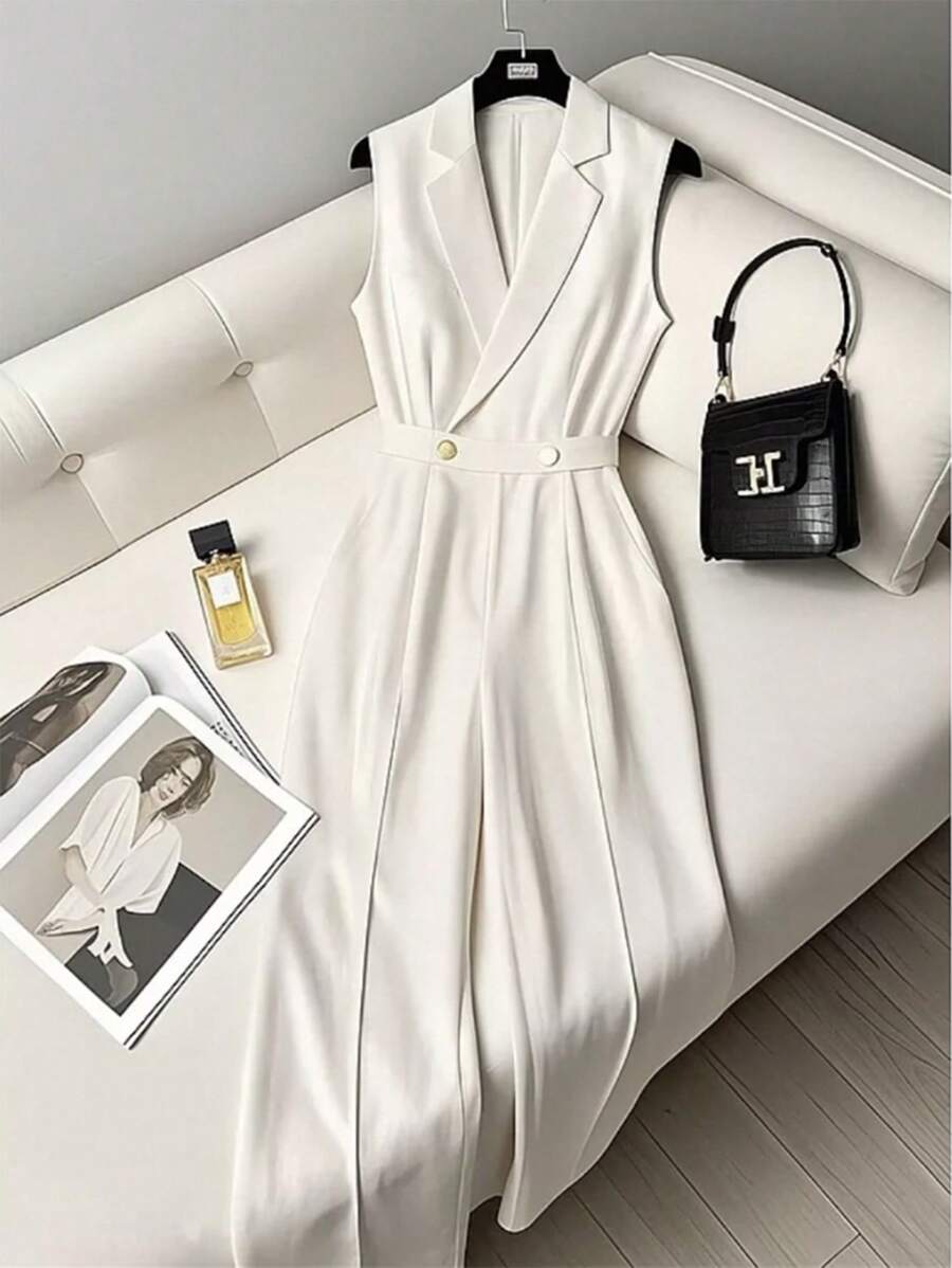 Franclia Bộ đồ liền thân ống rộng không tay ve loang màu trơn đơn sắc thường ngày dành cho nữ - trắng - Xem 1