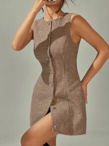 SHEIN PETITE Váy Mini Không Tay Cho Nữ, Thời Trang Cho Mùa Hè - màu nâu - Xem 3