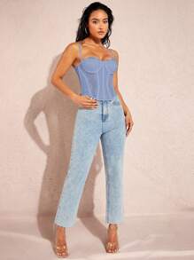 Silquee Ladies' Slim Fit Lace Contrast Mesh Camisole Top,Fall/Autumn - Dusty Blue - View 3