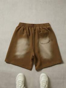 ROMWE MEN Street Life Quần short nam cạp chun có dây rút, chất liệu vải mài, in chữ, phong cách đường phố. - màu nâu - Xem 2