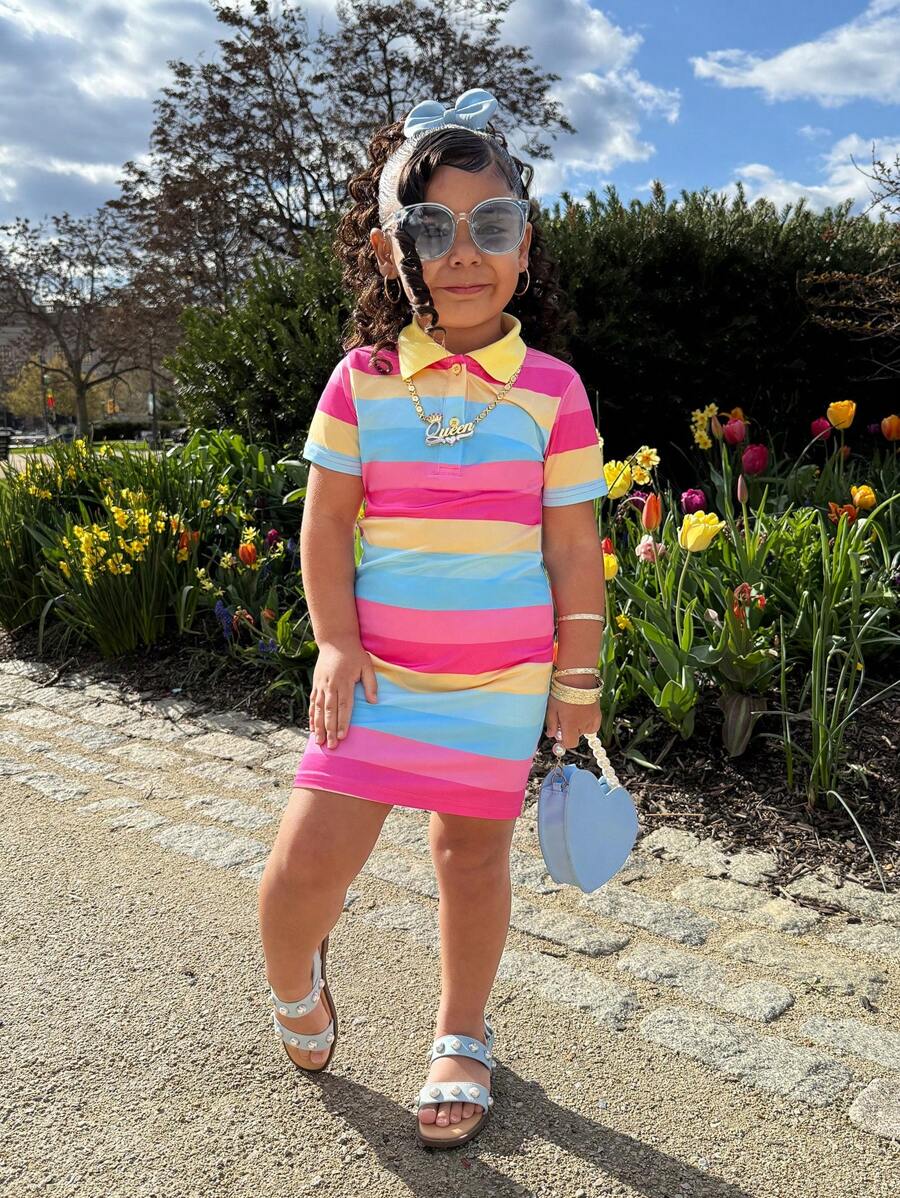 Young Girls Sweet & Cute Rainbow Striped Polo Collar Casual Everyday Comfortable Versatile Dress - Multicolor - View 1