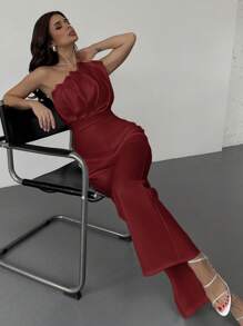 Firerie Valentinstag Neu Einfach Elegant 3D strukturierter Plissee-Design Ärmellos Taille Raffung Weiß Jumpsuit, geeignet für den Berufsverkehr - Bordeaux - Übersicht 5