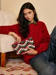 SHECARRY Contrasting Color Crocheted Holiday Christmas Gift Clutch - Multicolor - View 7