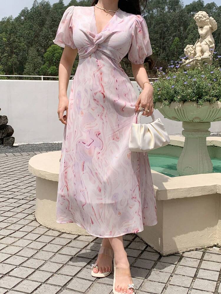 Women's Elegant Ditsy Floral Chiffon Midi Dress With Ruched Design, Suitable For Summer Vacation