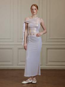 SHEIN MOD Romanticismo eterico: Gonna da sirena con fiocco incrociato in oro bianco - perfetta per vacanze, appuntamenti, compleanni, tè del pomeriggio e celebrazioni festive