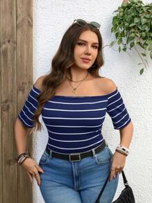 SHEIN LUNE Áo thun nữ tay ngắn hở vai kẻ sọc cỡ lớn mặc thường ngày - Màu xanh hải quân - Xem 7