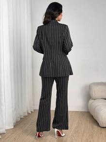 Modelyn Bộ 3 bộ vest ống rộng màu xanh nhạt dành cho nữ, trang phục sọc giản dị thanh lịch - màu đen - Xem 2