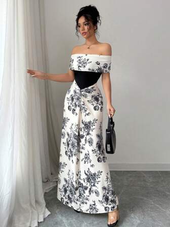 Rafferiza 女士浪漫露肩花卉印花拼接修身长裙，春夏