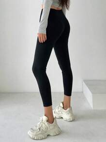 SHEIN EZwear 2件套女士高腰七分紧身裤，休闲秋季女装运动服 - 黑色 - 查看 2