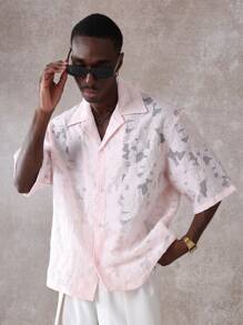 Áo sơ mi khu nghỉ dưỡng cổ Organza Burnout Luxury vừa vặn với kỳ nghỉ hè, tiệc bãi biển, phòng chờ, thiết kế cài nút tay ngắn - Màu Hồng  San hô - Xem 5