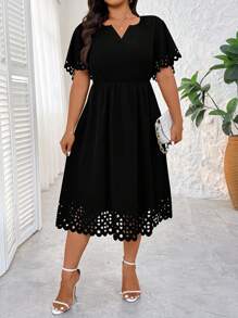 Rometta Plus Size Women's Solid Color V-Neck Short Sleeve Summer Dress - Black - View 4