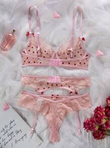 PetitDoll 3pcs/Set Valentine's Day Sexy Series Underwire Push-Up See-Through Women Sexy Lingerie Set For Going Out - Pink - View 7