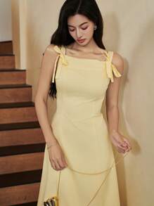 Heiryn 女士纯色系带优雅长款吊带连衣裙 - 黃色 - 查看 6