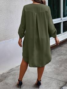 SHEIN LUNE Plus Size Women V-Neck Bell Sleeve Loose Straight Dress Fall Cloth For Women - Army Green - View 2