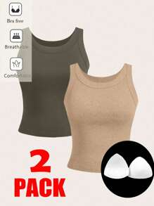 SHEIN Essnce 2pcs Women Seamless Ribbed Camisole Tops, Thick Adjustable Strap Sleeveless Cami Top Undershirt - Multicolor - View 8