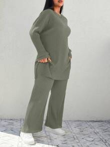 EURMUSE Plus Drop Shoulder Split Hem Tee & Pants - Mint Green - View 5