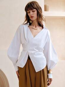 EMERY ROSE Women's Cotton Shirt Solid Color Waist Long Sleeve Blouse, Fashionable For Summer, Solid Color Cinching Waist Button Down Collared Long Sleeve Shirt, Casual Solid Color Drop Shoulder Loose Blouse,Draping Blouse,Lantern Sleeve Cotton Shirt,Summer Tops,Long Sleeve Top,Festival,Country Concert,Bohemia,Boho - White - View 6