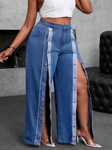 SHEIN SXY 大码女牛仔时尚性感开叉宽松牛仔裤，秋季节日优雅度假多扣拼色宽松牛仔裤 - 藍色 - 查看 1