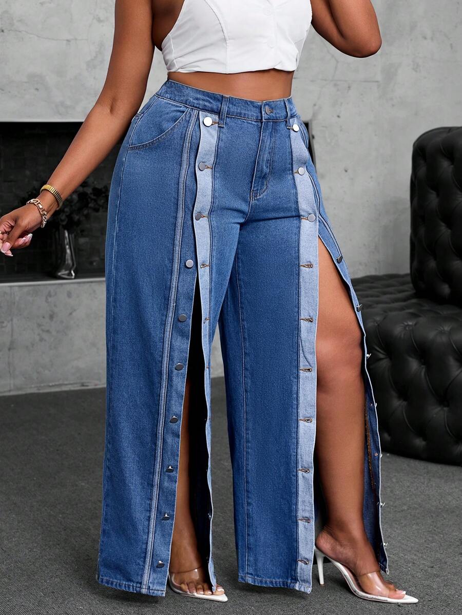 SHEIN SXY 大码女牛仔时尚性感开叉宽松牛仔裤，秋季节日优雅度假多扣拼色宽松牛仔裤 - 藍色 - 查看 1