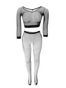 Women's Sexy Fishnet Lingerie Set - Black - View 6