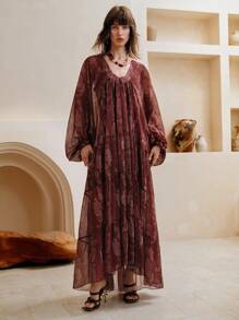 Arave 女士雪纺细肩带宽松喇叭袖灯笼袖度假风印花时尚通勤多层拼接V领荷叶边长裙两件套 - 棕色 - 查看 6