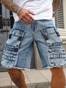 Manfinity Roughcore Herren ausgewaschene hellblaue Denim Cargo Shorts, Streetwear Loose Fit Jorts - Helle Waschung - Übersicht 6