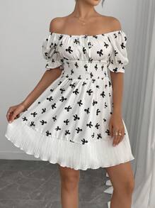 Chiquease Women's Bowknot Print Sweet-Heart Neckline Short Puff Sleeve Waisted A-Line Dress - White - View 4